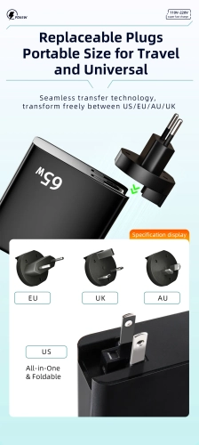 Zasilacz z podwójnym portem i szybkim ładowaniem PD65W + kabel danych PD100W 5A