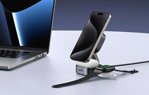 Індуктивний зарядний пристрій Qi2 2в1 Ugreen W702 для Iphone, AirPods, 15 Вт (сірий)