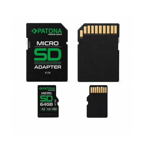 Карта пам'яті PATONA Premium Micro SD XC 64 ГБ Class 10 U3 V60 з адаптером SD